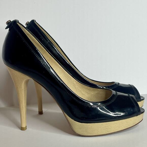 Stuart Weitzman Black Patent Leather Peep Toe Platform Heels 7 M Classic SW Logo - Picture 2 of 7